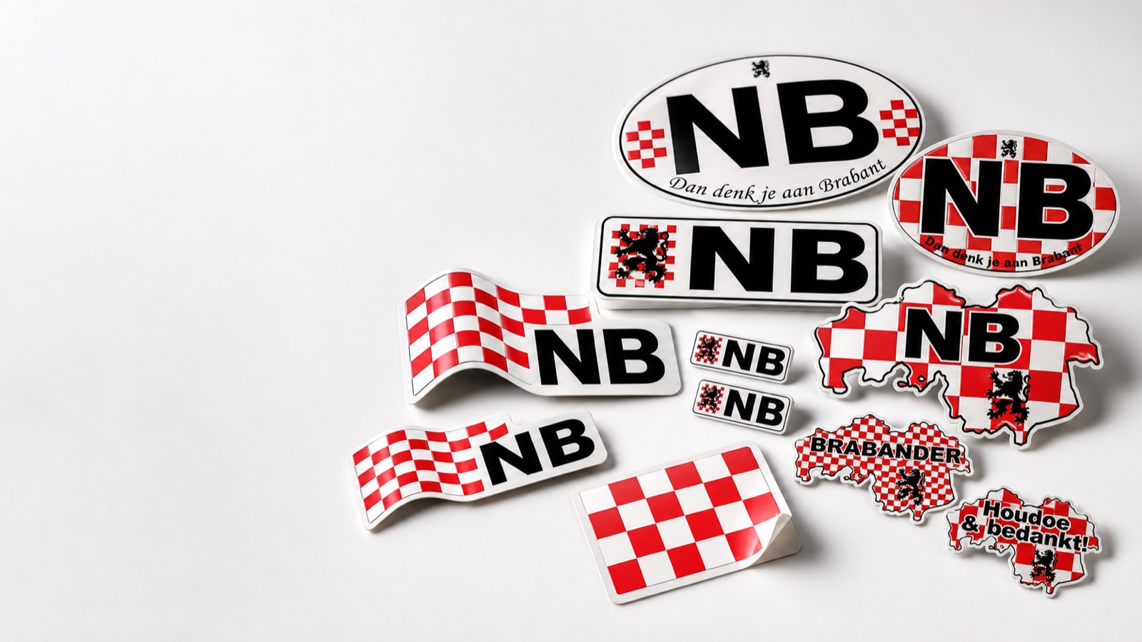 Collectie NB stickers met Brabantse vlag, Brabantse leeuw en Noord-Brabant ontwerpen